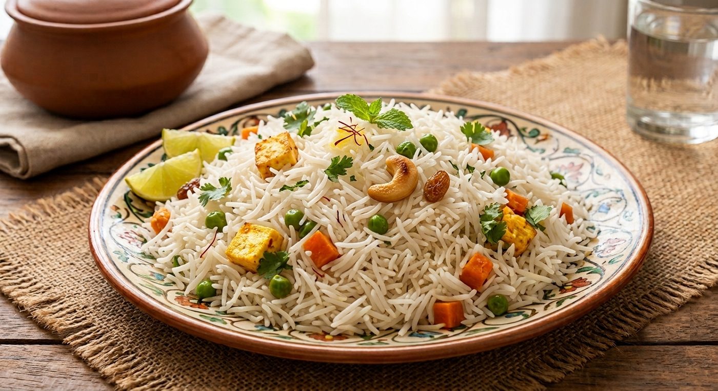 Aged Basmati cooked long and separate, served as a pulao on a painted plate