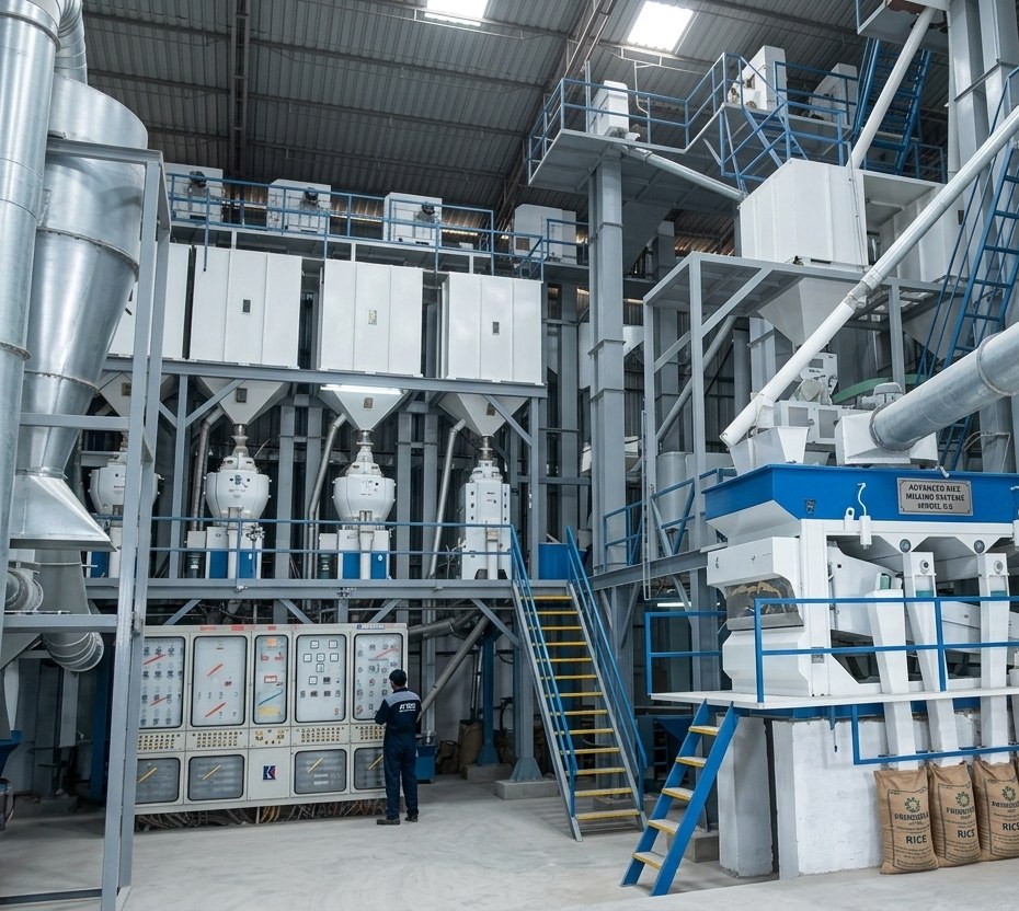 The Satake milling tower and process floor, with a technician monitoring the line