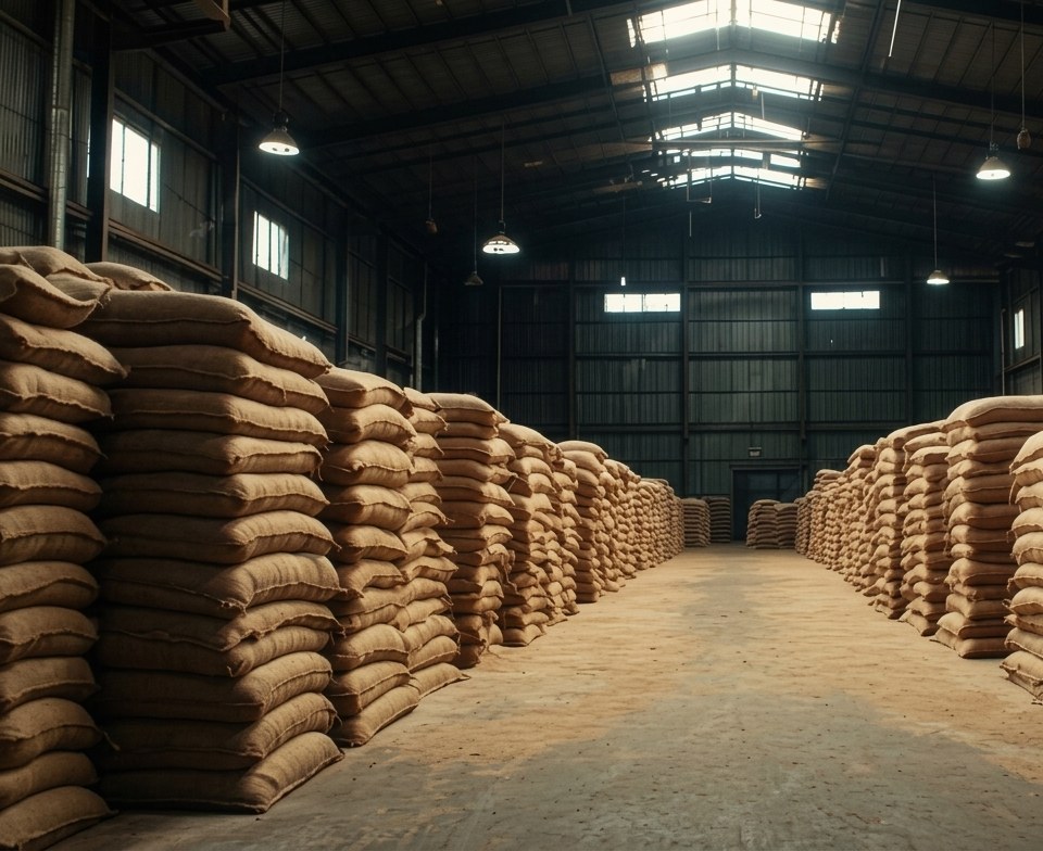 Rows of jute sacks stacked in the rice storage warehouse