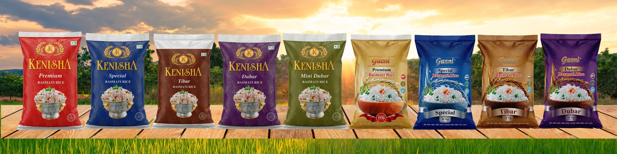 The full Kenisha and Gazni Basmati rice range lined up on a wooden counter