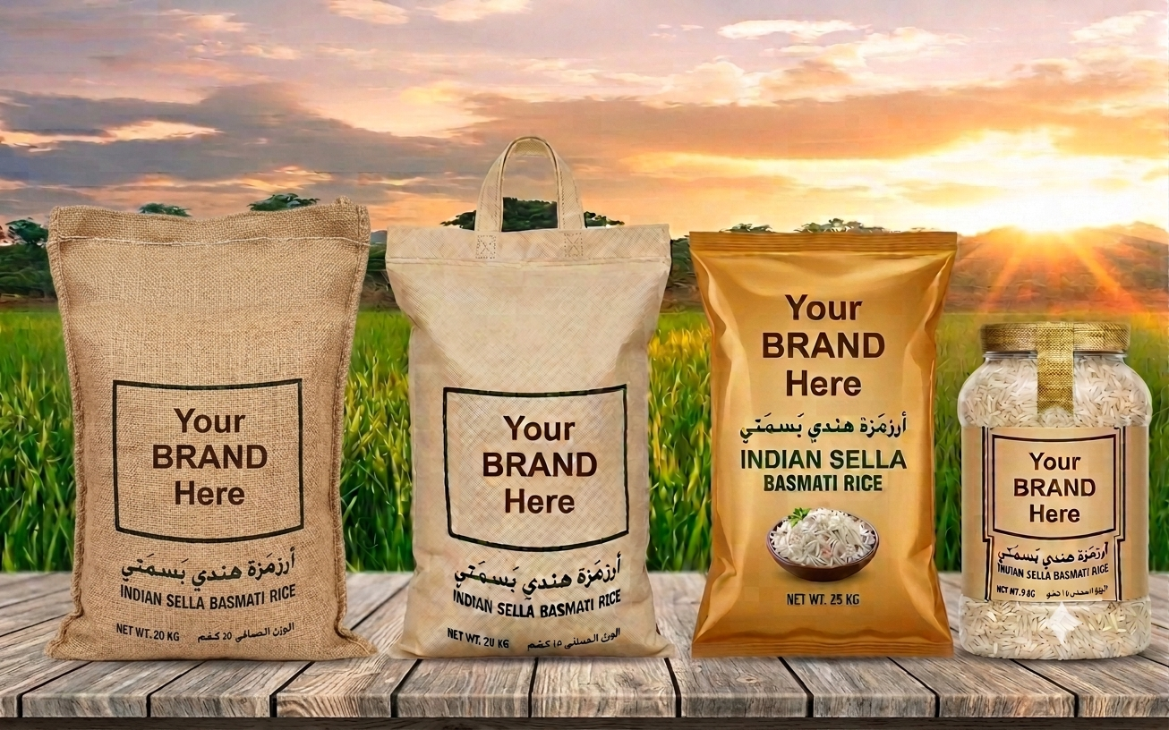 Jute sack, non-woven sack, printed pouch and jar packing formats for Indian Sella Basmati rice, private-label ready