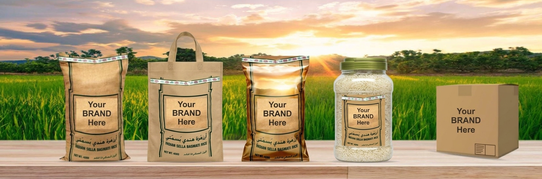 Jute rice bags carrying a placeholder customer brand, standing in a paddy field at sunrise