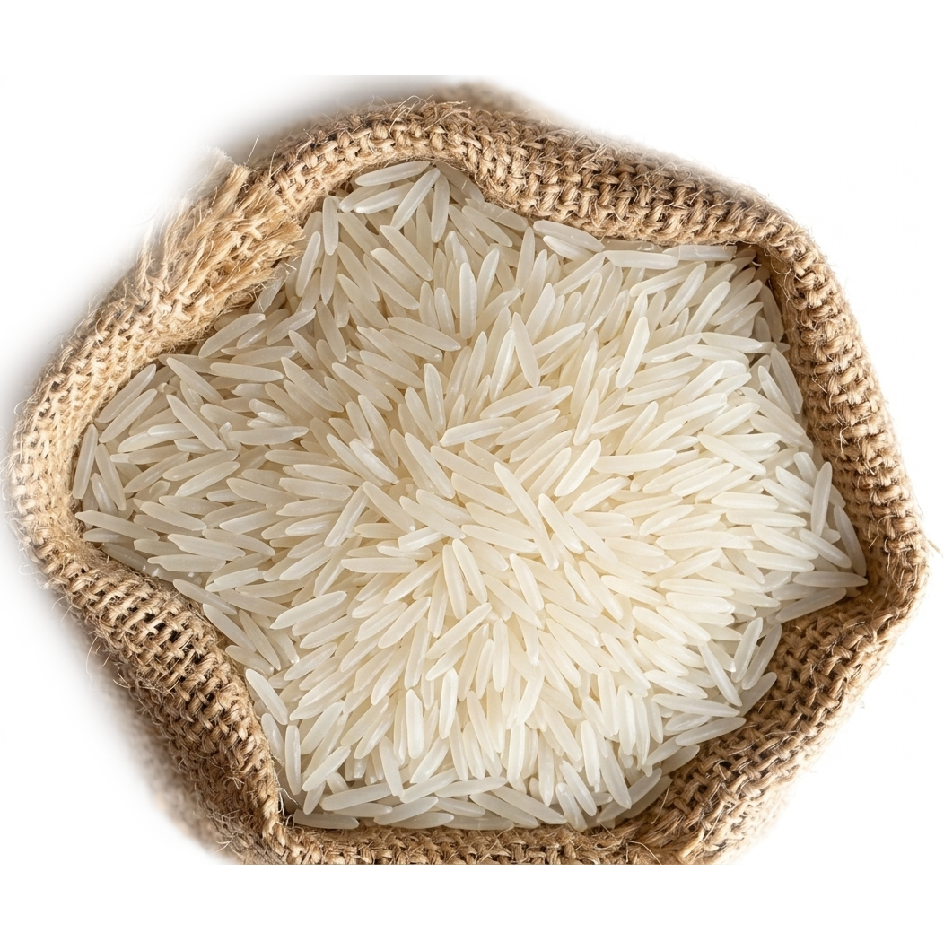 Milled extra-long-grain Basmati rice, closely inspected