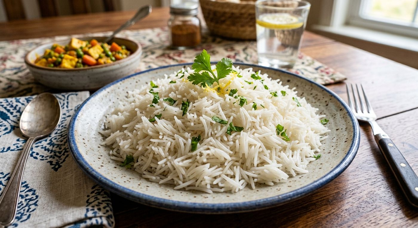A plate of cooked long-grain Basmati rice on a laid table
